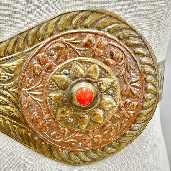 Vintage Brass & Copper Etched Metal Belt  Red Cabochon Centerpiece Made in India main image 11